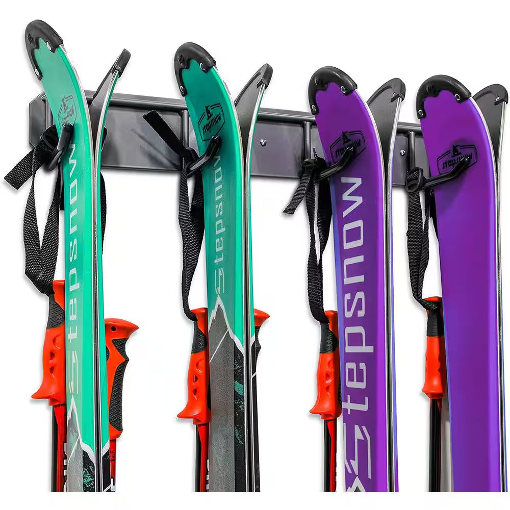 RAXGO Wall Mounted Ski Storage Rack - Heavy Duty Garage Organizer Holds 4 Pairs of Skis, Poles or Snowboards - 300lbs Capacity, Scratch-Proof Padded Hooks (Black)