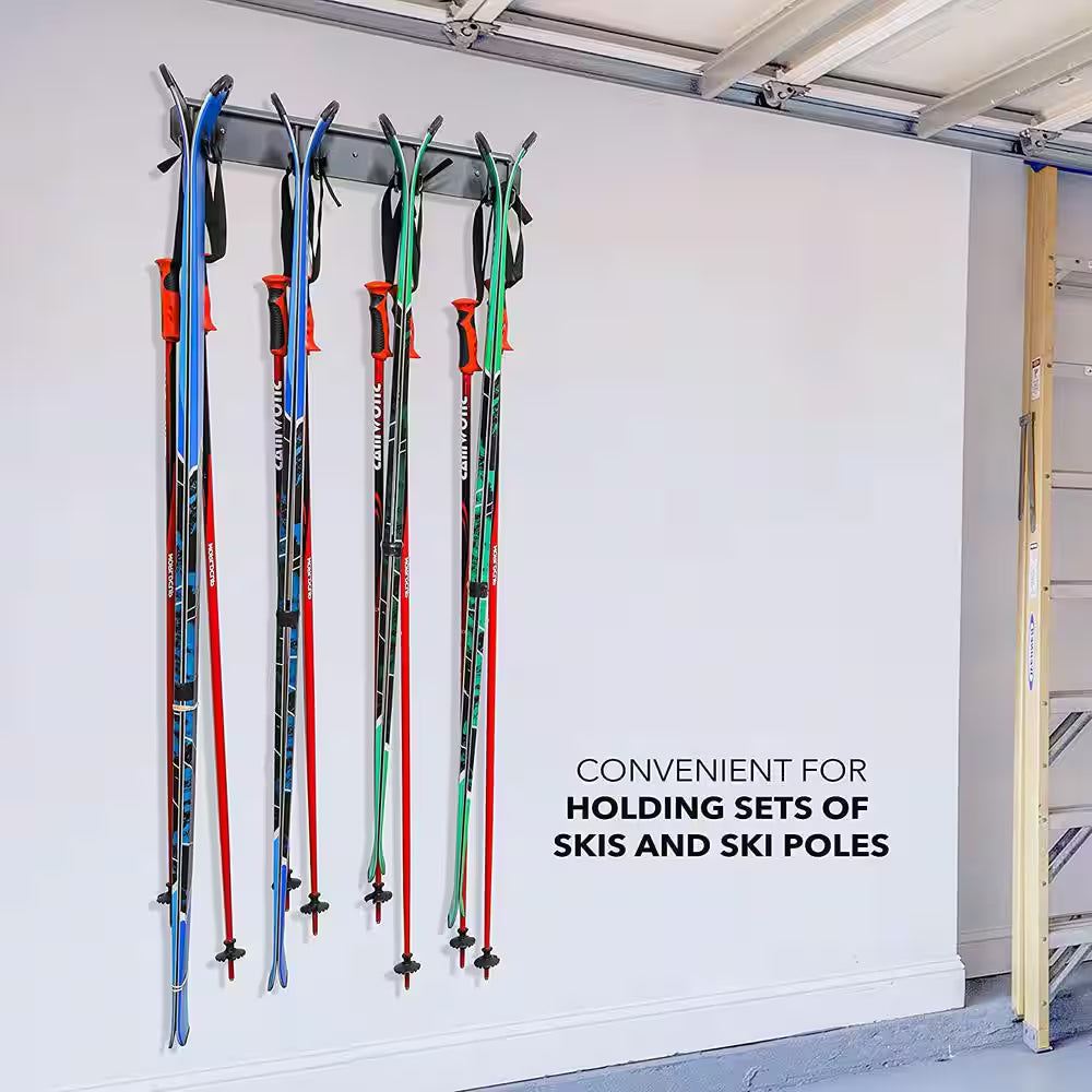 RAXGO Wall Mounted Ski Storage Rack - Heavy Duty Garage Organizer Holds 4 Pairs of Skis, Poles or Snowboards - 300lbs Capacity, Scratch-Proof Padded Hooks (Black)