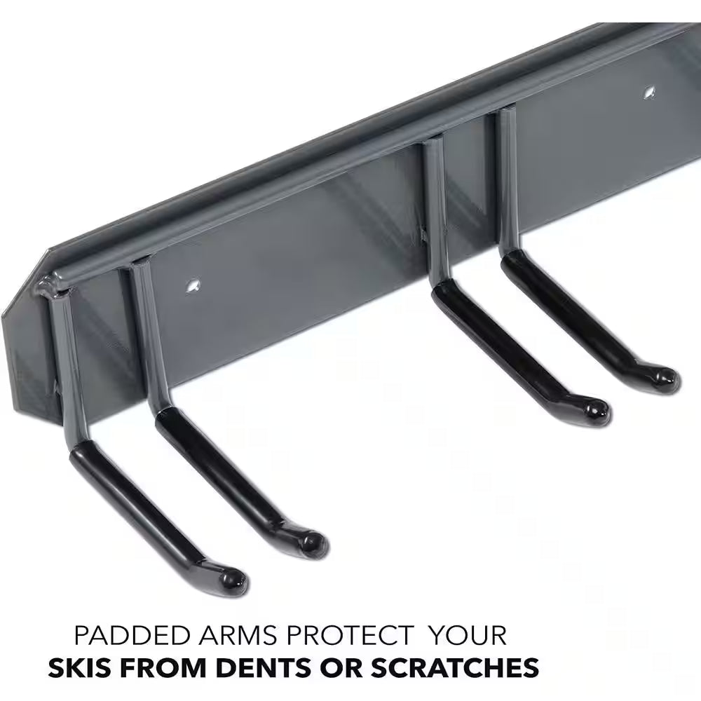 RAXGO Wall Mounted Ski Storage Rack - Heavy Duty Garage Organizer Holds 4 Pairs of Skis, Poles or Snowboards - 300lbs Capacity, Scratch-Proof Padded Hooks (Black)