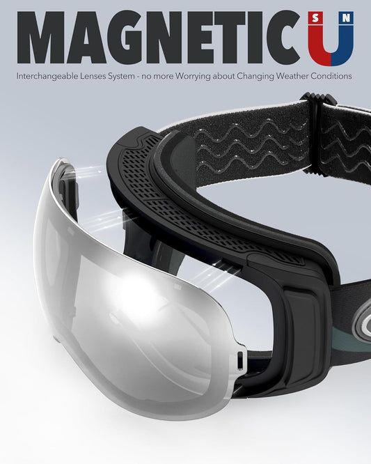 OTG Ski Goggles for Men, Women, Adults & Youth - Anti-Fog Dual Lens, 100% UV Protection, Interchangeable Magnetic Lenses - Over Glasses Snowboard Goggles (Black Frame, Silver Lens VLT 12%)