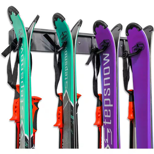 RAXGO Wall Mounted Ski Storage Rack - Heavy Duty Garage Organizer Holds 4 Pairs of Skis, Poles or Snowboards - 300lbs Capacity, Scratch-Proof Padded Hooks (Black)